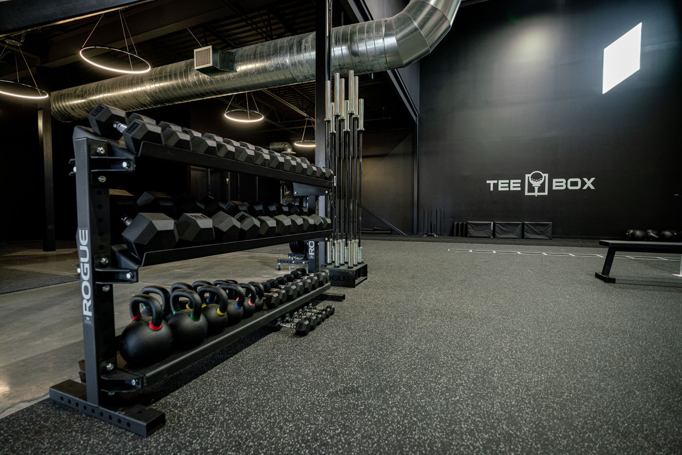 Inside Tee Box's Centerville golf fitness gym.